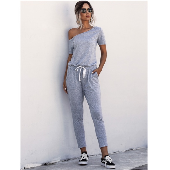 Contrast Tie Short Sleeve Grey Jumpsuit - Picture 4 of 16